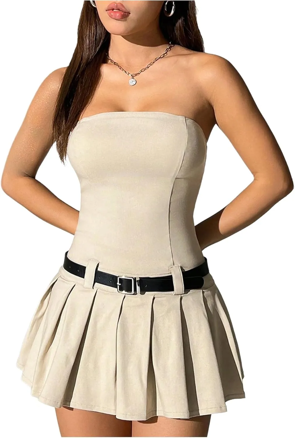 WDIRARA Women's Petite Strapless Belted Tube Dress Sleeveless Pleated A Line Mini Dresses