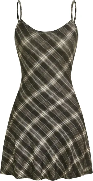 WDIRARA Women's Plaid Spaghetti Strap Cami Dress Sleeveless Flared Hem Mini Dress