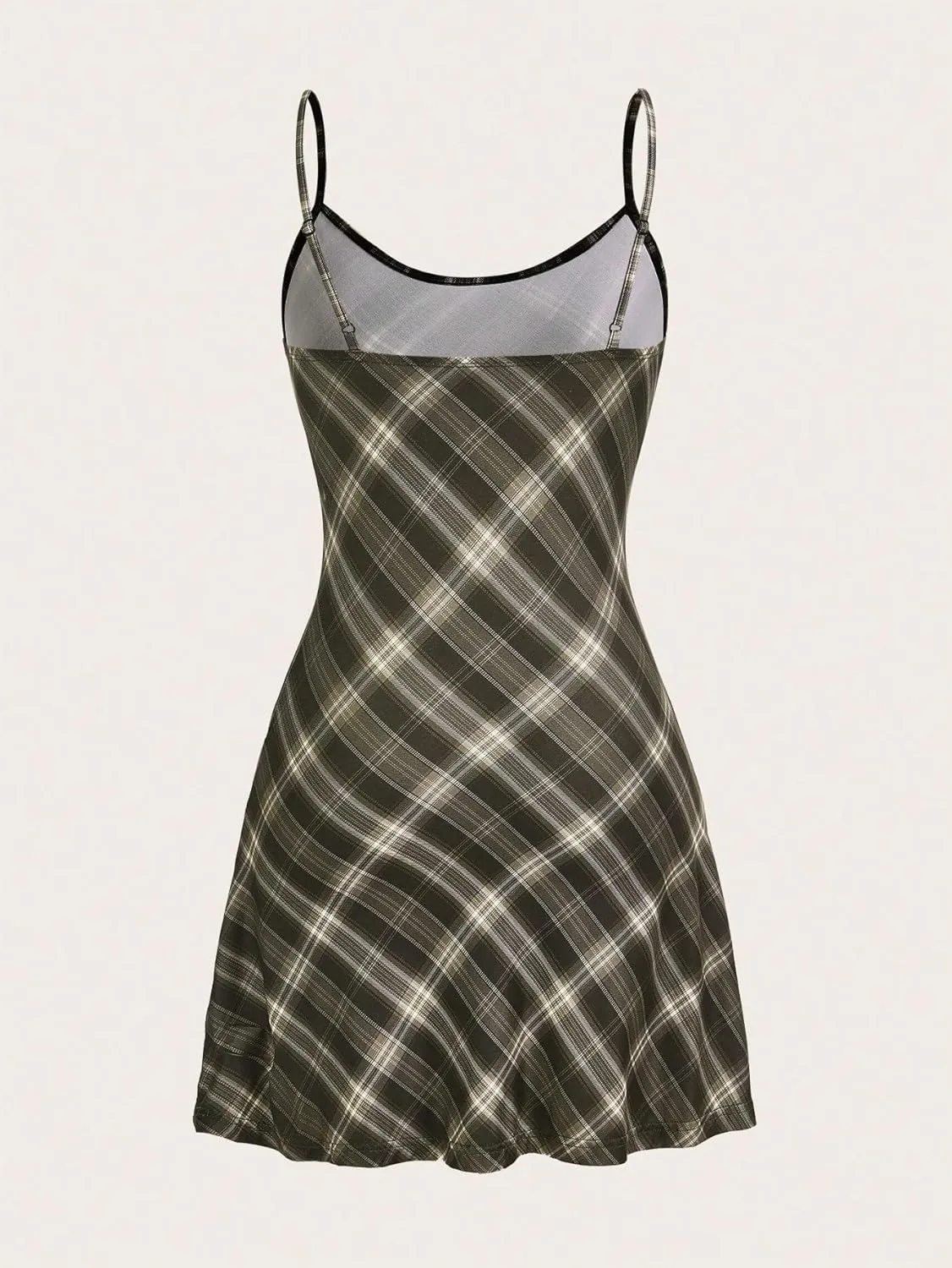 WDIRARA Women's Plaid Spaghetti Strap Cami Dress Sleeveless Flared Hem Mini Dress