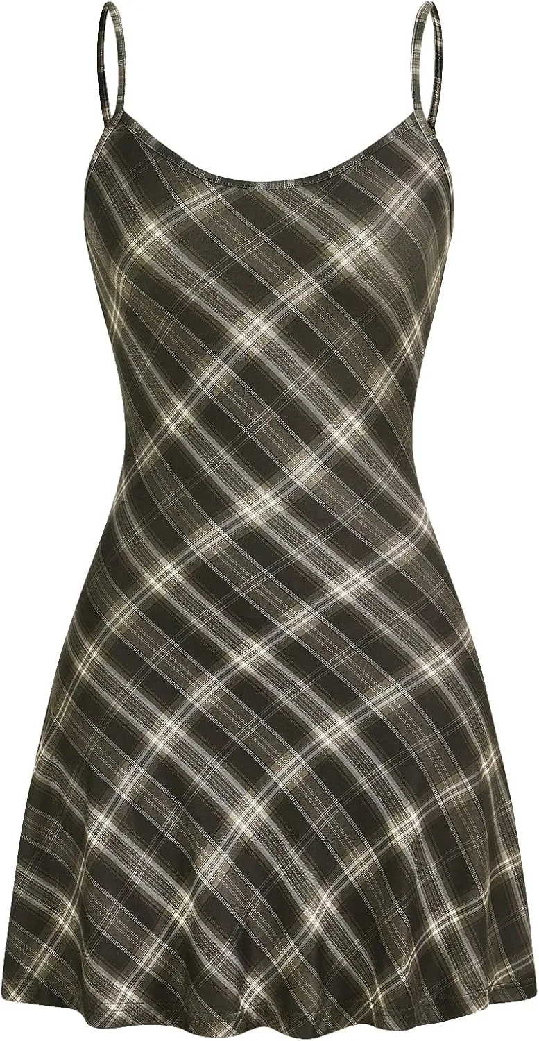 WDIRARA Women's Plaid Spaghetti Strap Cami Dress Sleeveless Flared Hem Mini Dress