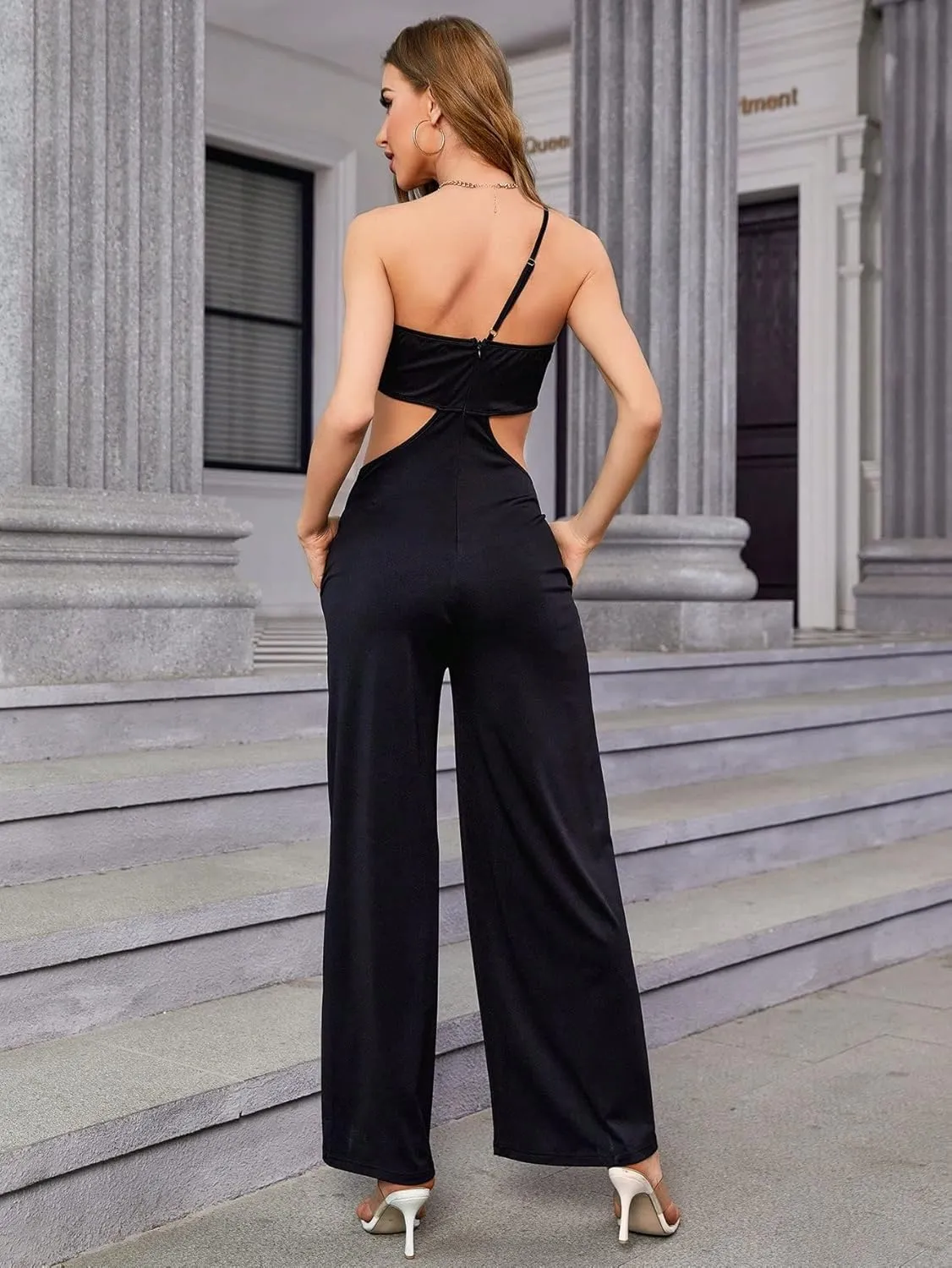 WDIRARA Women's Summer Solid Cut Out Jumpsuit Casual Sleeveless One Shoulder Straight Leg Jumpsuit