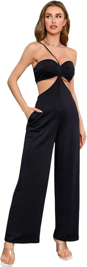 WDIRARA Women's Summer Solid Cut Out Jumpsuit Casual Sleeveless One Shoulder Straight Leg Jumpsuit
