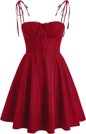 WDIRARA Women's Tie Shoulder Cami Dress Spaghetti Strap Flared A Line Mini Dresses