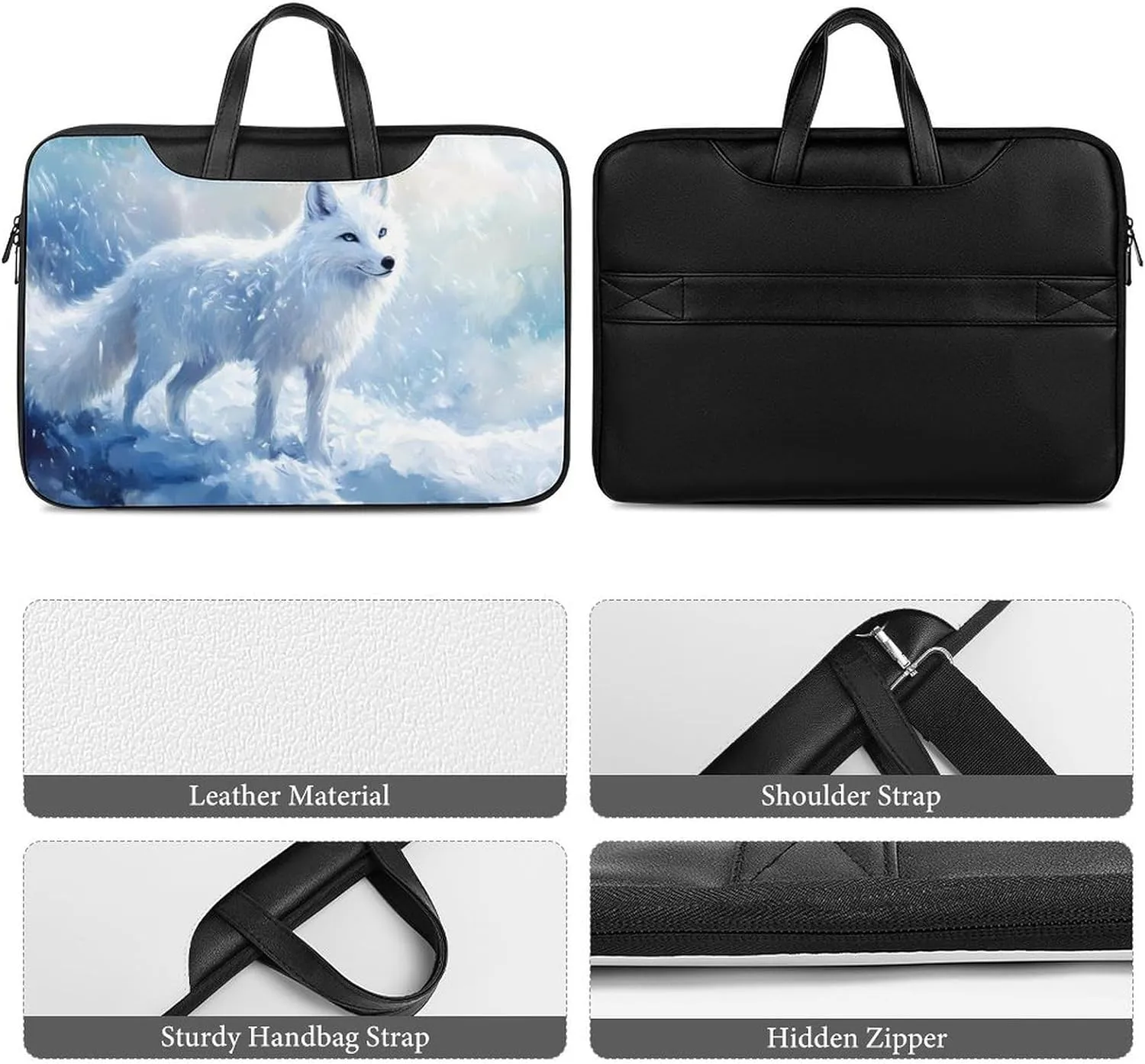 White Fox Ice Snow Leather Bag Laptop Case Slim Water Resistant Computer Bags with Handle Briefcase for Work