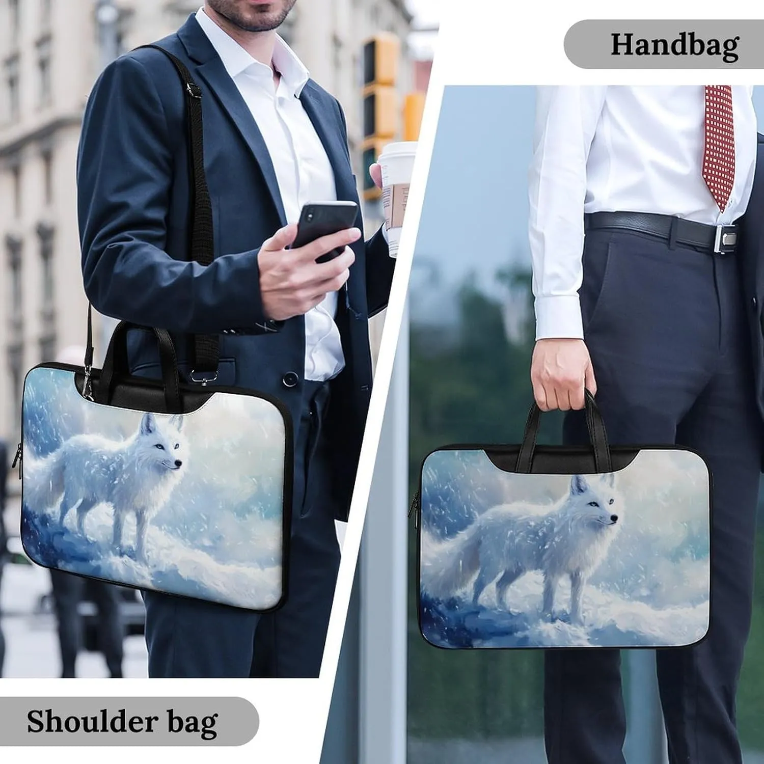 White Fox Ice Snow Leather Bag Laptop Case Slim Water Resistant Computer Bags with Handle Briefcase for Work