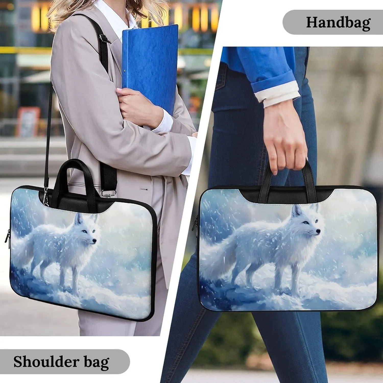 White Fox Ice Snow Leather Bag Laptop Case Slim Water Resistant Computer Bags with Handle Briefcase for Work