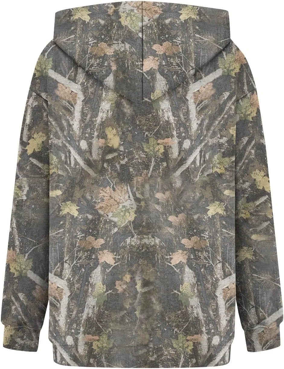 Women Camo Hoodie Maple-Leaf Print Oversized Sweatshirt Y2K Fall Fleece Hooded Sweatshirts With Kangaroo Pocket