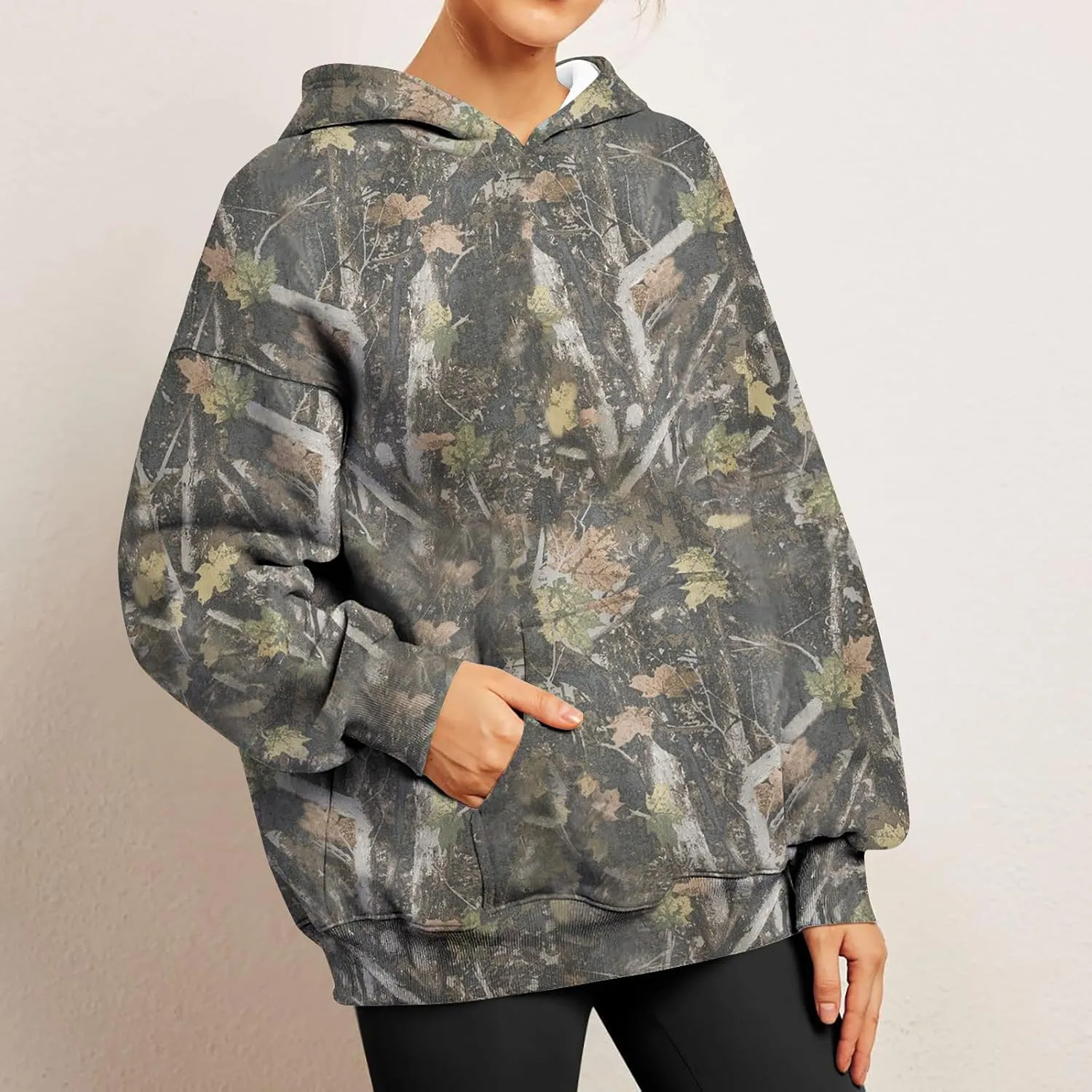 Women Camo Hoodie Maple-Leaf Print Oversized Sweatshirt Y2K Fall Fleece Hooded Sweatshirts With Kangaroo Pocket
