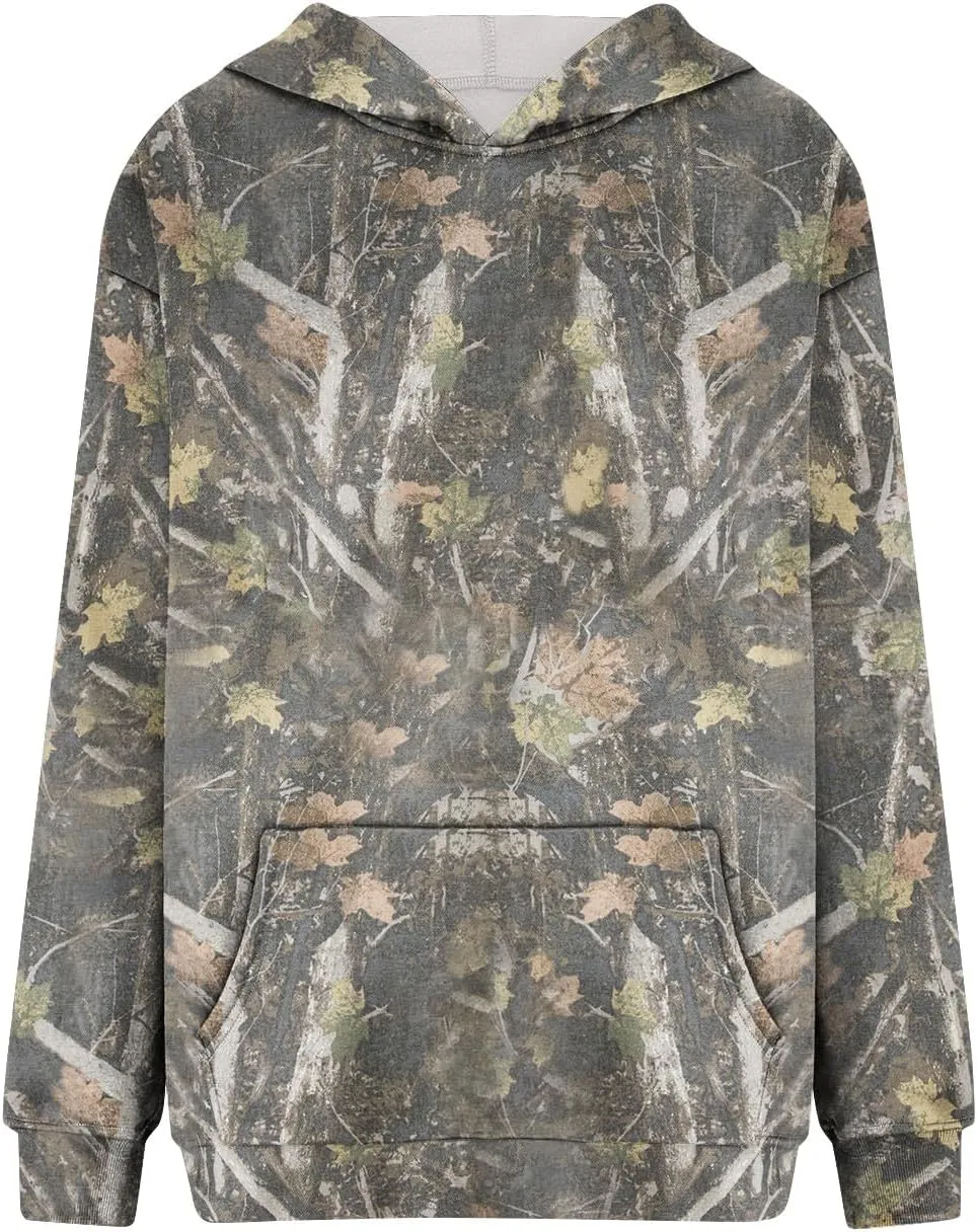 Women Camo Hoodie Maple-Leaf Print Oversized Sweatshirt Y2K Fall Fleece Hooded Sweatshirts With Kangaroo Pocket
