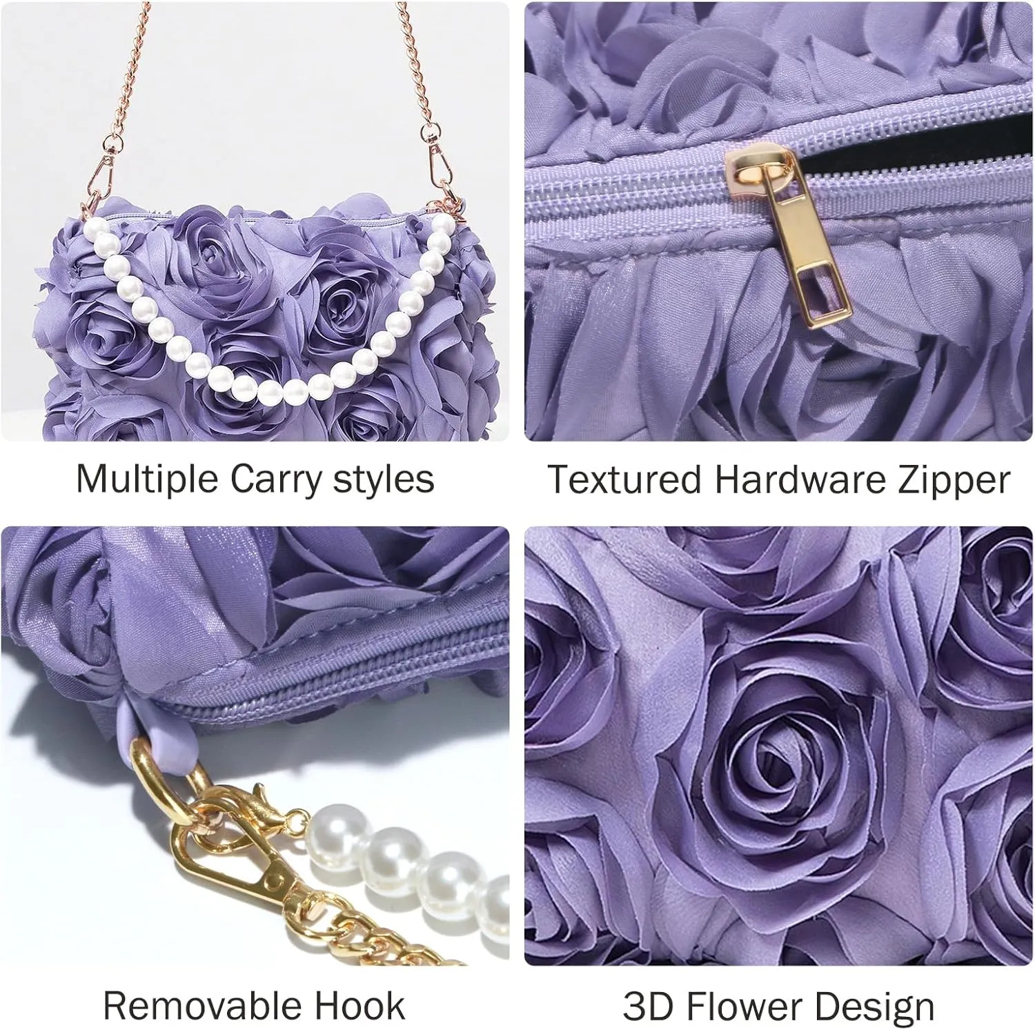 Women Clutches Purse, Chiffon 3D Floral Evening Handbag, Pearl Beaded Top Handle Bag for Wedding, Prom, Party