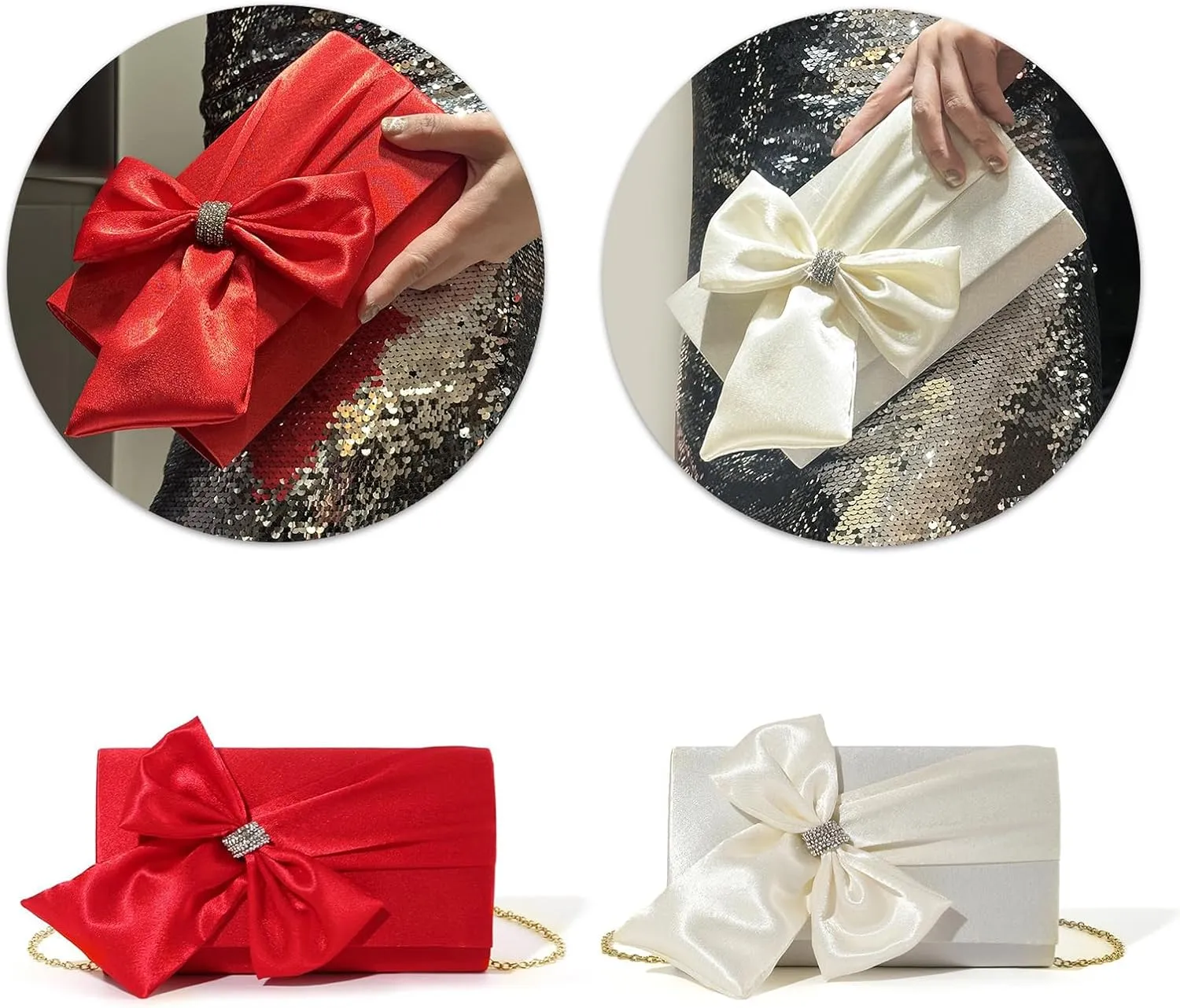 Women Evening Bag Bows Banquet Bag Clutches Purse Chain Strap Shoulder Crossbody Bag Elegant Handbag for Party Wedding