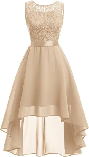 Women Halter Neck High Low Cocktail Skater Dress Vintage Floral Lace Chiffon Bridesmaid Dress Hi Lo Wedding Swing Party Dress