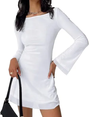 Women Long Sleeve Mini Dress Sexy Boat Neck Mesh Bell Sleeve Self Tie Back Sheer Backless Bodycon Y2k Short Dresses