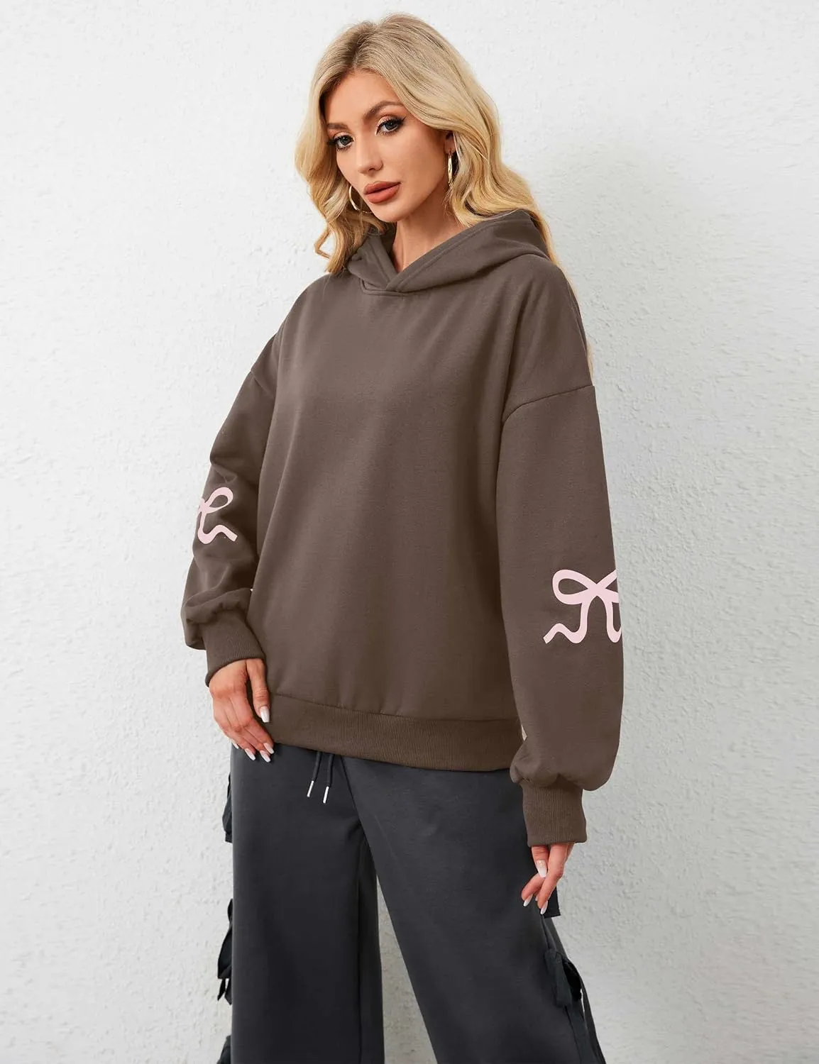 Women Pink Bow Hoodies Loose Fit Long Sleeve Graphic Preppy Hoodies Casual Y2k Cute Hoodies for Teen Girls Outfits