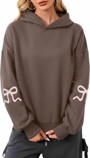 Women Pink Bow Hoodies Loose Fit Long Sleeve Graphic Preppy Hoodies Casual Y2k Cute Hoodies for Teen Girls Outfits