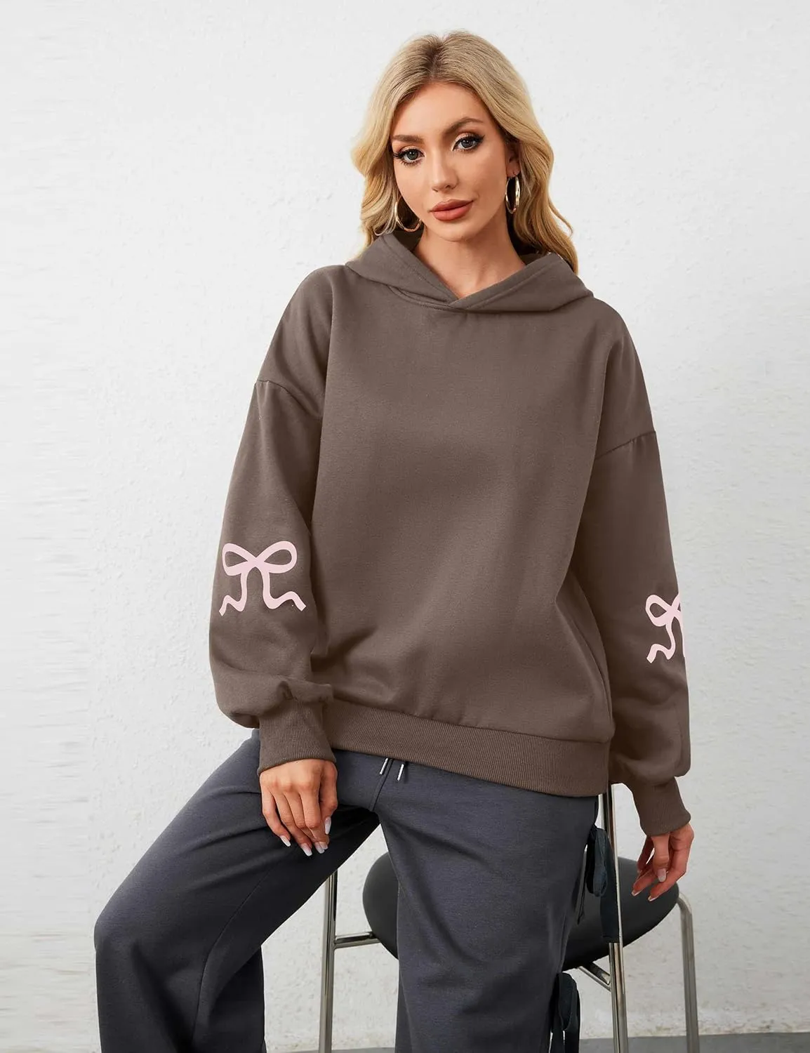 Women Pink Bow Hoodies Loose Fit Long Sleeve Graphic Preppy Hoodies Casual Y2k Cute Hoodies for Teen Girls Outfits