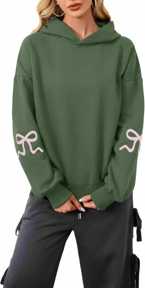 Women Pink Bow Hoodies Loose Fit Long Sleeve Graphic Preppy Hoodies Casual Y2k Cute Hoodies for Teen Girls Outfits
