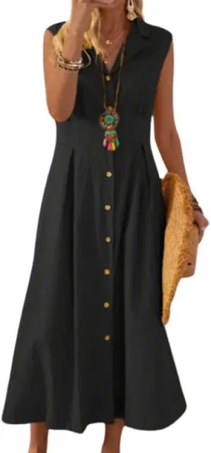 Women Shirt Dress Linen Soft Button Down Sleeveless Lapel V Neck Dress Summer Short Sleeve Midi Dress