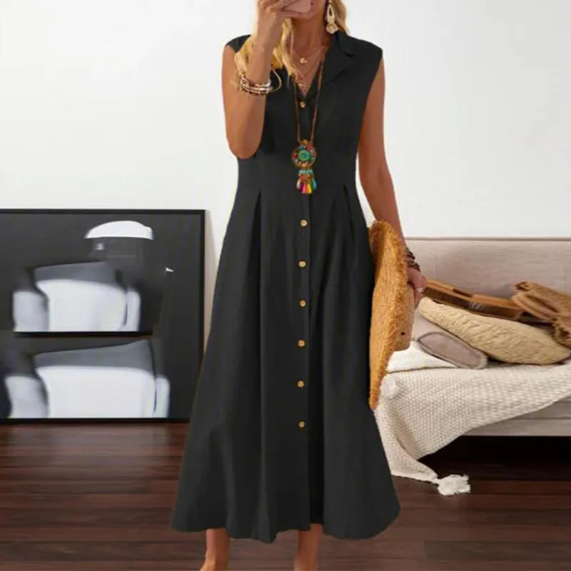 Women Shirt Dress Linen Soft Button Down Sleeveless Lapel V Neck Dress Summer Short Sleeve Midi Dress