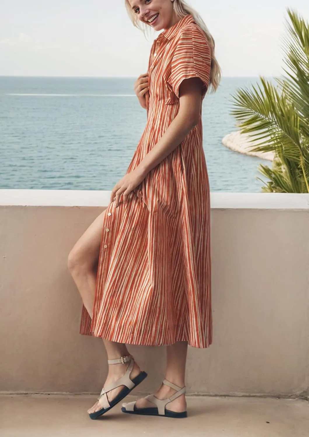 Women Striped Button Down Pleated Shirt Dress Summer Short Sleeve Ruffle A Line Swing Long Blouse Midi Long Dress