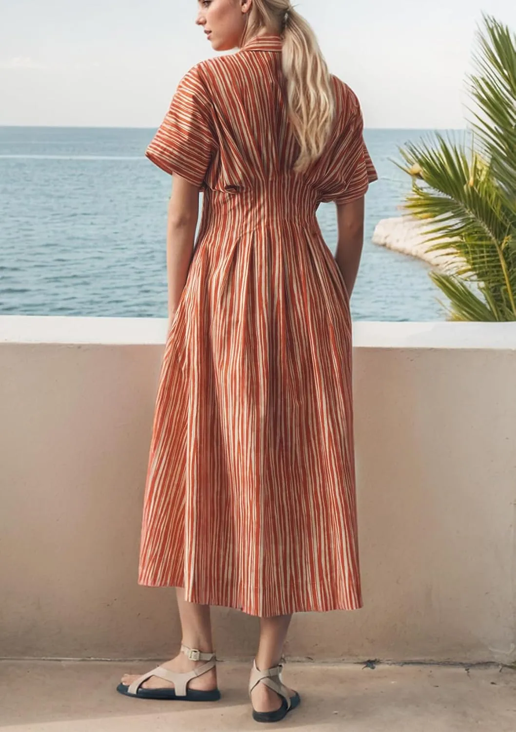 Women Striped Button Down Pleated Shirt Dress Summer Short Sleeve Ruffle A Line Swing Long Blouse Midi Long Dress