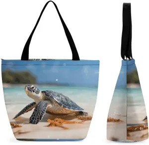 Women Tote Bags with Handles Sea Turtle on The Beach Shoulder Bag with Zipper Handbags Shopping Bags Travel Bag Beach Bag Reusable Grocery Bag for Swim Holiday Gift