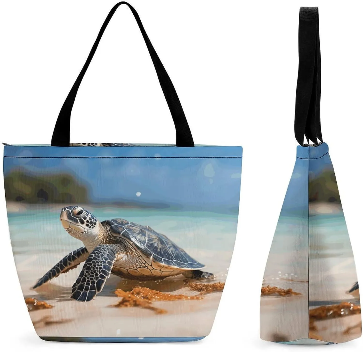 Women Tote Bags with Handles Sea Turtle on The Beach Shoulder Bag with Zipper Handbags Shopping Bags Travel Bag Beach Bag Reusable Grocery Bag for Swim Holiday Gift