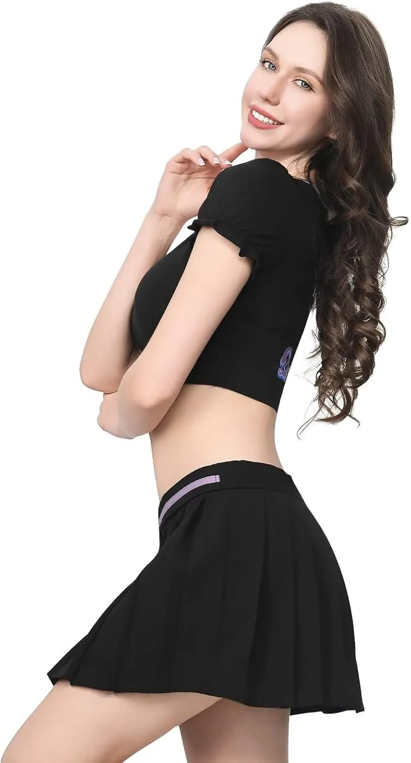 Women's 2 Piece Mini Skirt Sets Short Sleeve Crop Top & Adjustable Waist Pleated Skirt Midi Skirt Set