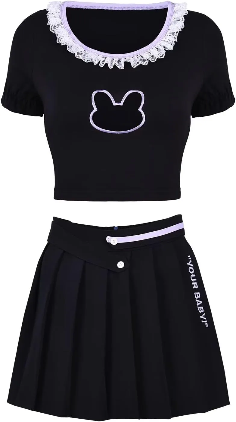 Women's 2 Piece Mini Skirt Sets Short Sleeve Crop Top & Adjustable Waist Pleated Skirt Midi Skirt Set