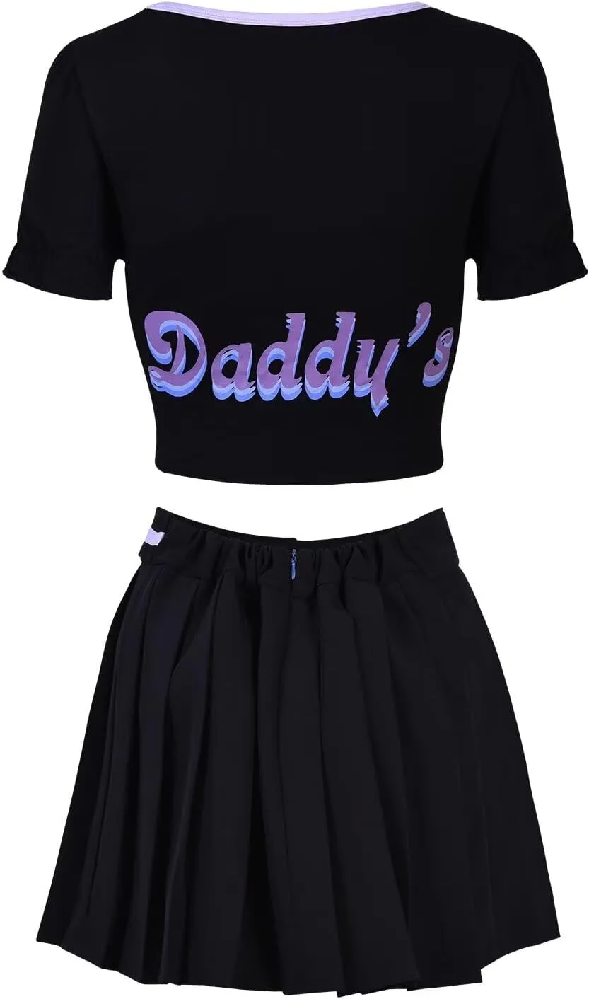 Women's 2 Piece Mini Skirt Sets Short Sleeve Crop Top & Adjustable Waist Pleated Skirt Midi Skirt Set