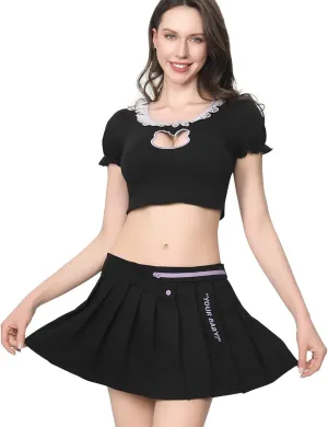 Women's 2 Piece Mini Skirt Sets Short Sleeve Crop Top & Adjustable Waist Pleated Skirt Midi Skirt Set