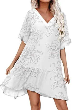 Womens 2024 Boho Loose Swing Midi Dresses Short Sleeve V Neck Ruffle Summer Dress Beach Party Sundress