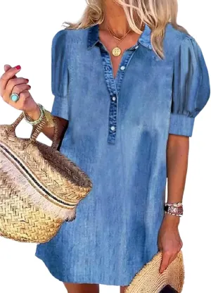 Women's 2025 Summer Denim Blue Mini Dresses Casual Short Puff Sleeves Half Button Up Curved Hem Loose Shirt Dresses