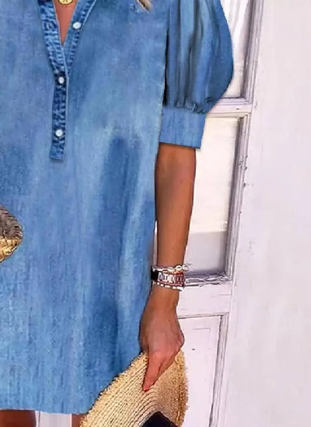 Women's 2025 Summer Denim Blue Mini Dresses Casual Short Puff Sleeves Half Button Up Curved Hem Loose Shirt Dresses