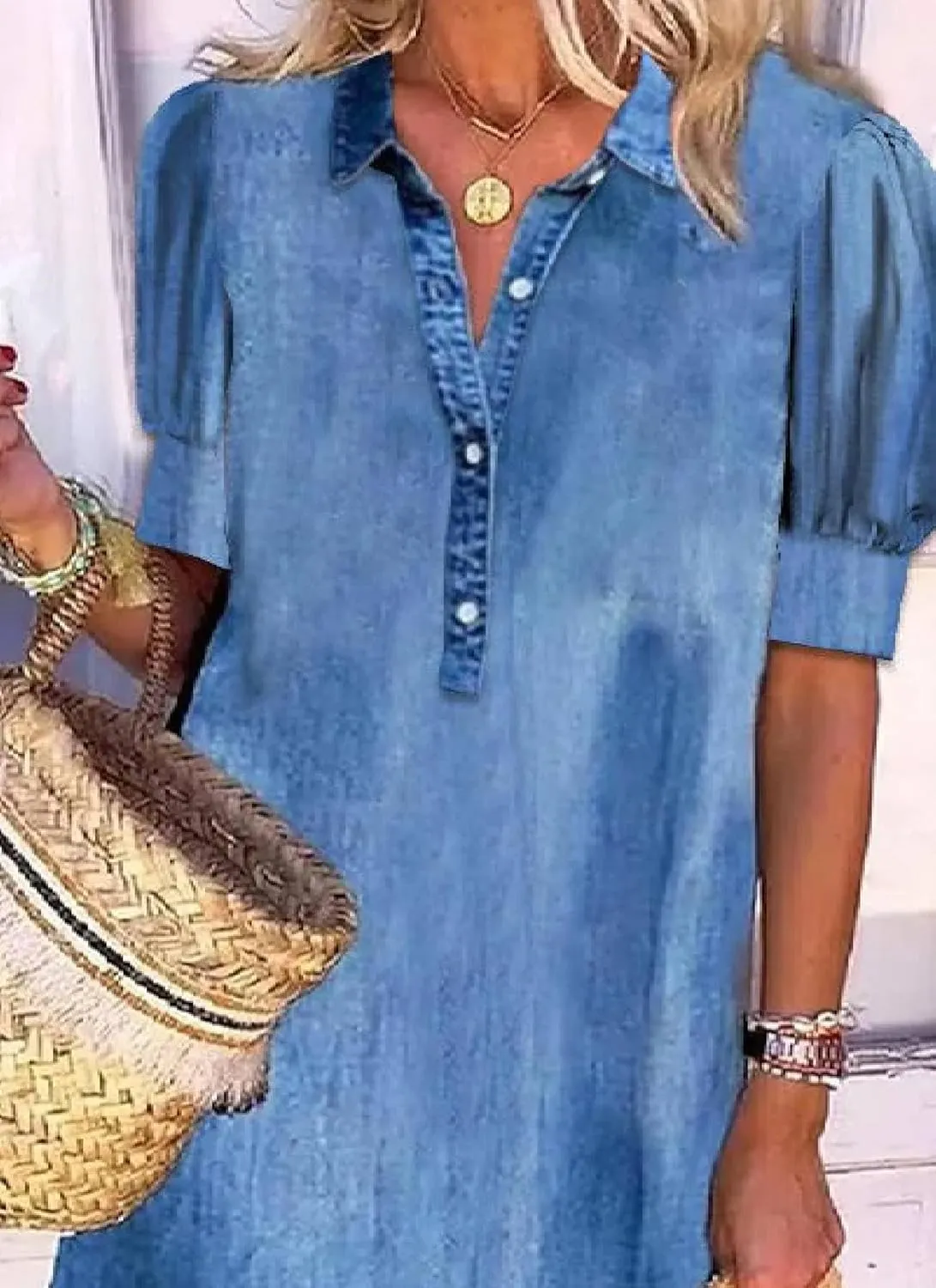 Women's 2025 Summer Denim Blue Mini Dresses Casual Short Puff Sleeves Half Button Up Curved Hem Loose Shirt Dresses