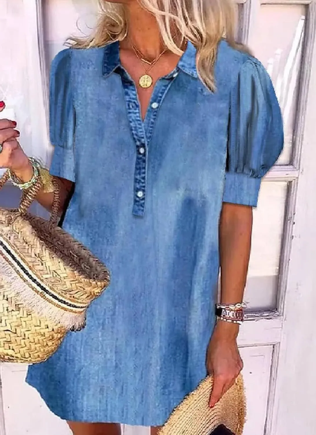 Women's 2025 Summer Denim Blue Mini Dresses Casual Short Puff Sleeves Half Button Up Curved Hem Loose Shirt Dresses