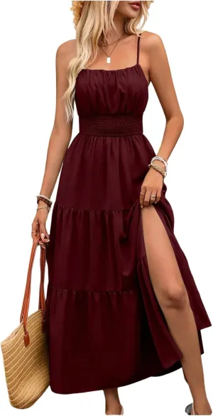 Women's Boho Cami Maxi Dress Vacation Ruffle Flowy Milkmaid Dress Summer Ruched Slit Sundress
