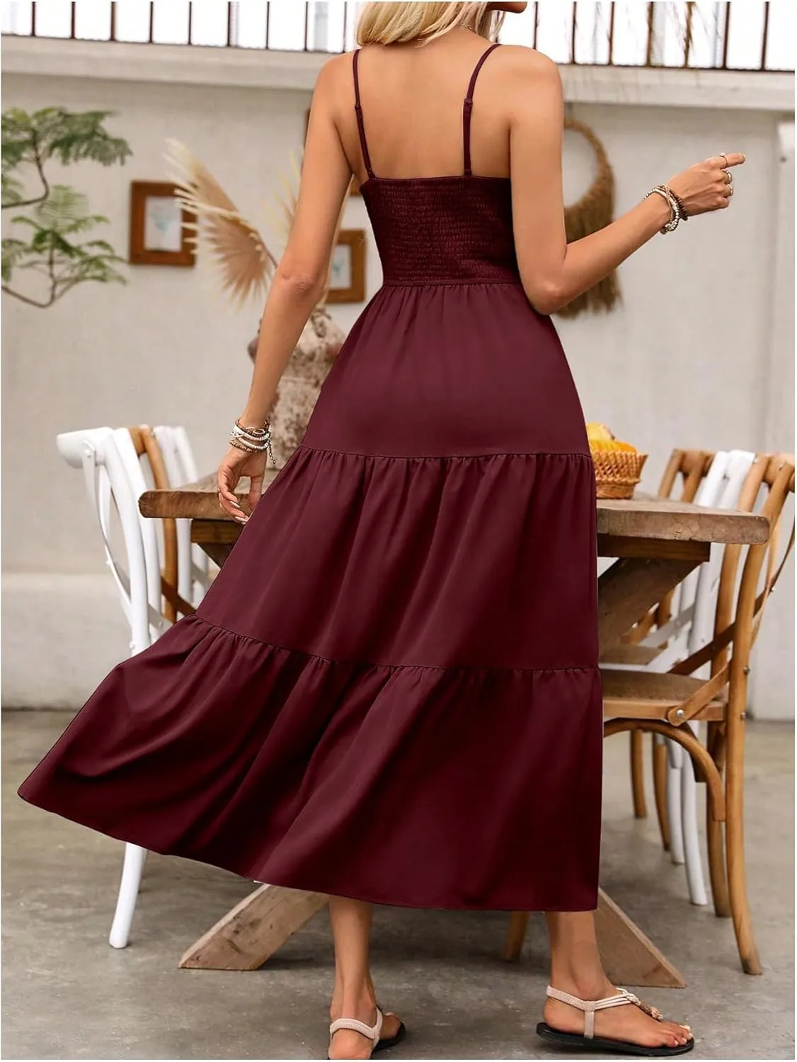 Women's Boho Cami Maxi Dress Vacation Ruffle Flowy Milkmaid Dress Summer Ruched Slit Sundress