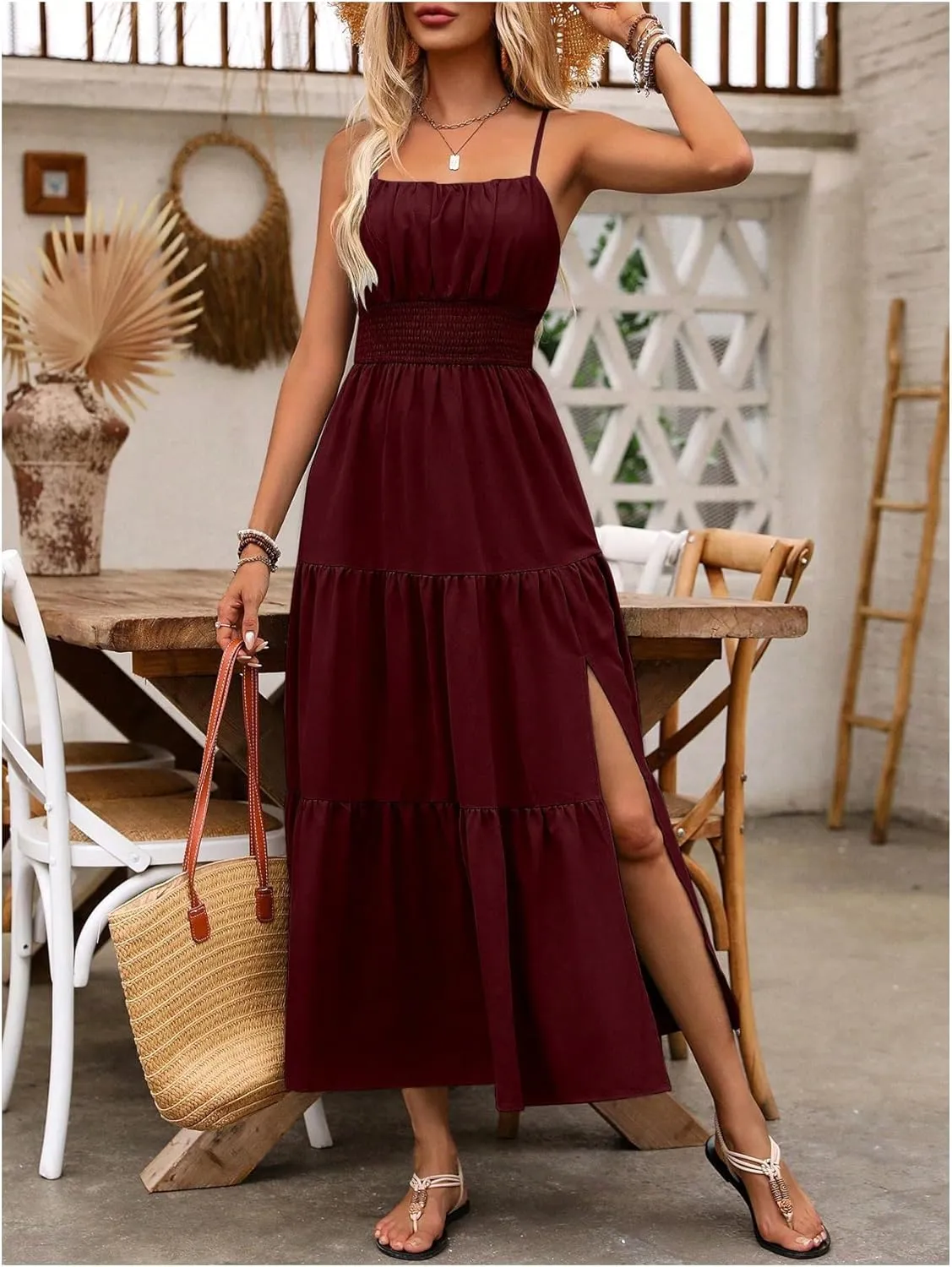 Women's Boho Cami Maxi Dress Vacation Ruffle Flowy Milkmaid Dress Summer Ruched Slit Sundress