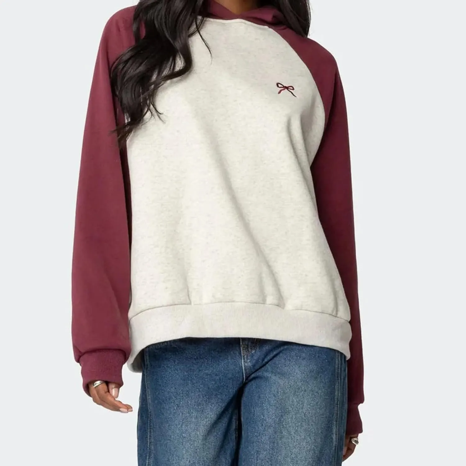 Women's Bow Print Hoodies Oversized Long Sleeve Drop Shoulder Casual Pullover Top Y2k Hooded Sweatshirts Streetwear