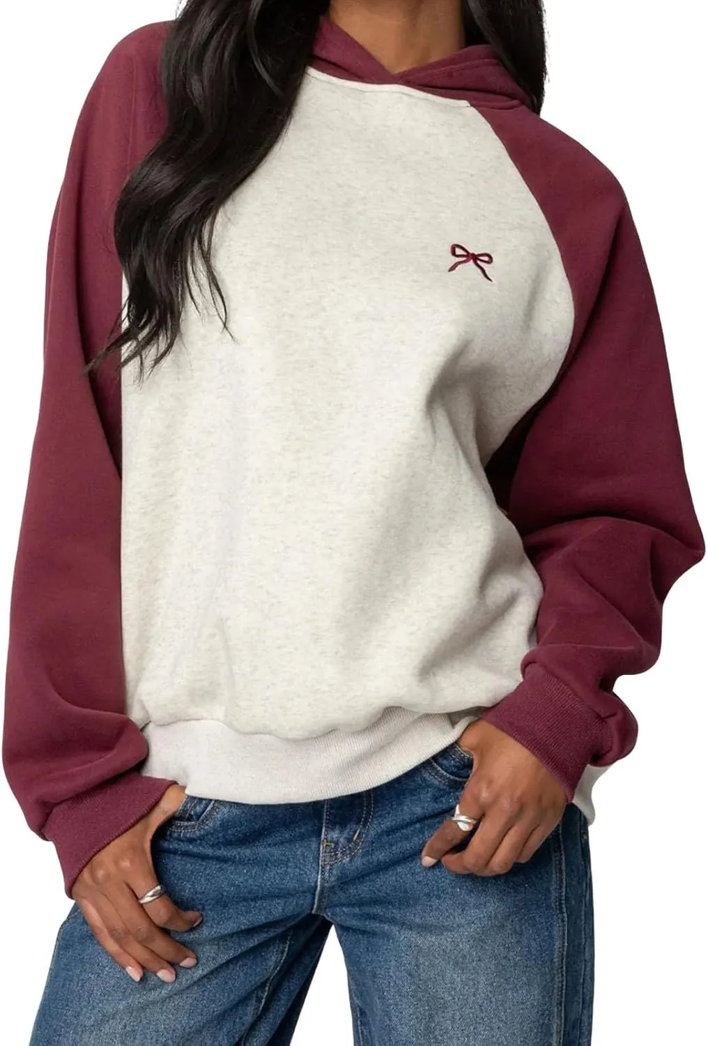 Women's Bow Print Hoodies Oversized Long Sleeve Drop Shoulder Casual Pullover Top Y2k Hooded Sweatshirts Streetwear