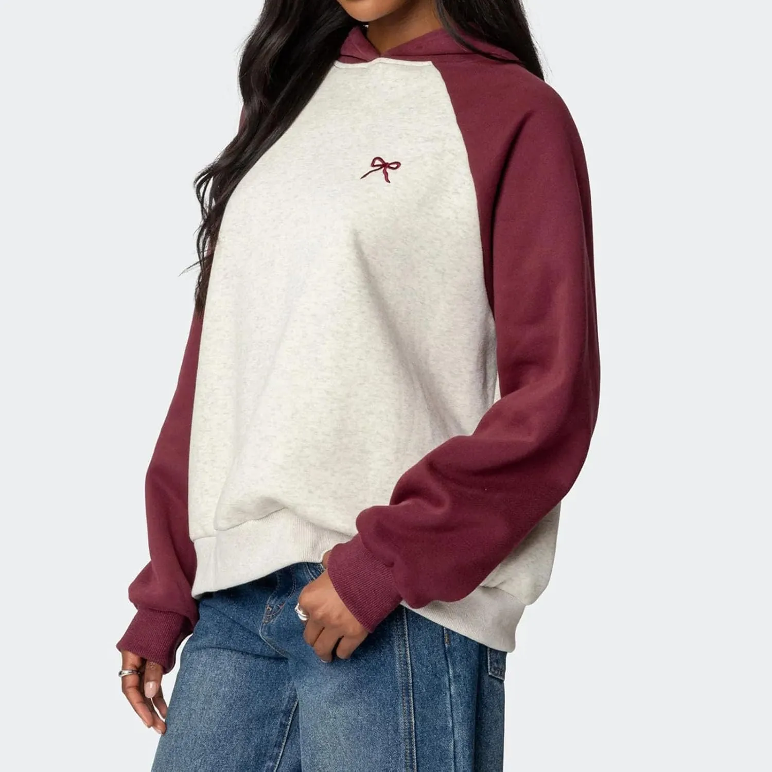 Women's Bow Print Hoodies Oversized Long Sleeve Drop Shoulder Casual Pullover Top Y2k Hooded Sweatshirts Streetwear