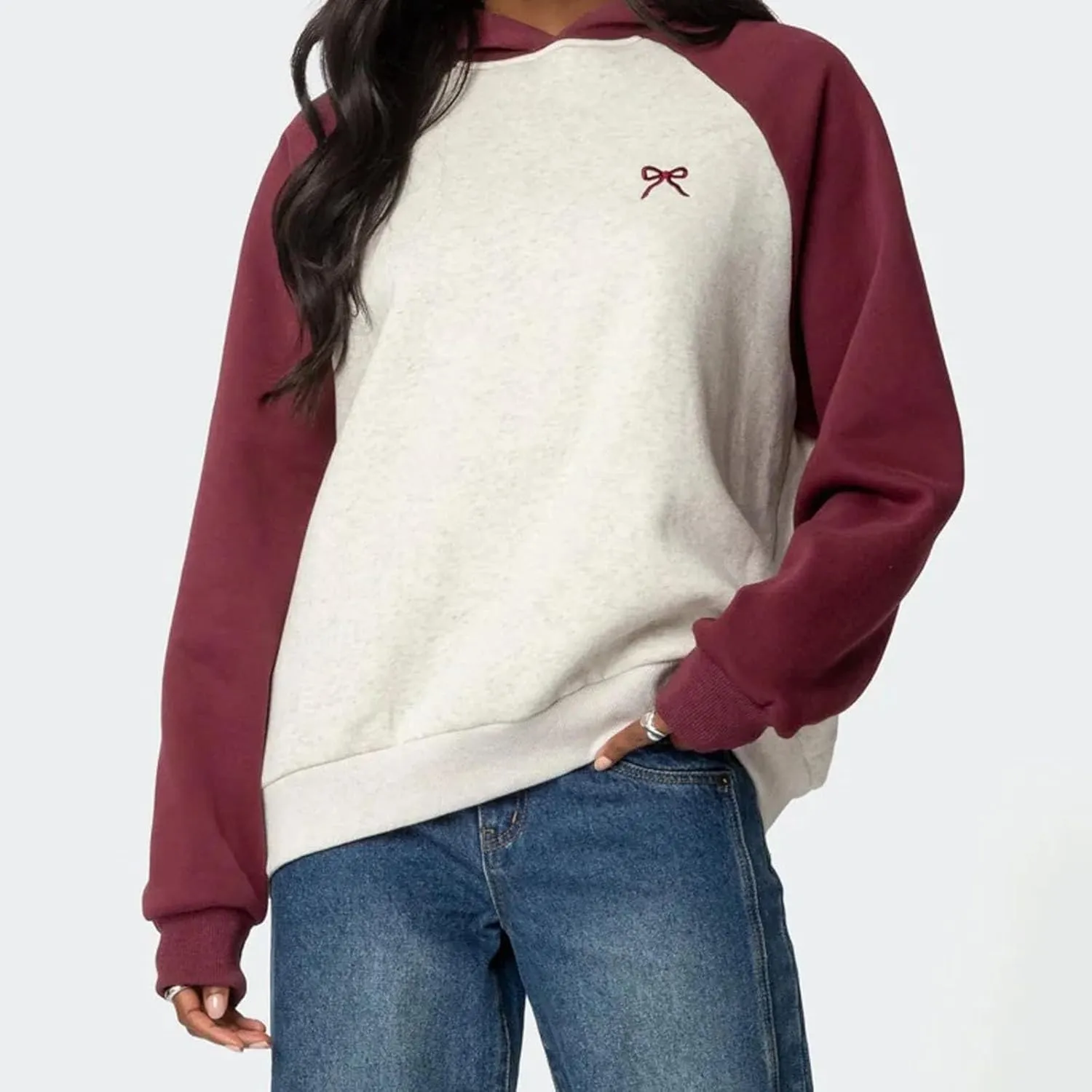 Women's Bow Print Hoodies Oversized Long Sleeve Drop Shoulder Casual Pullover Top Y2k Hooded Sweatshirts Streetwear