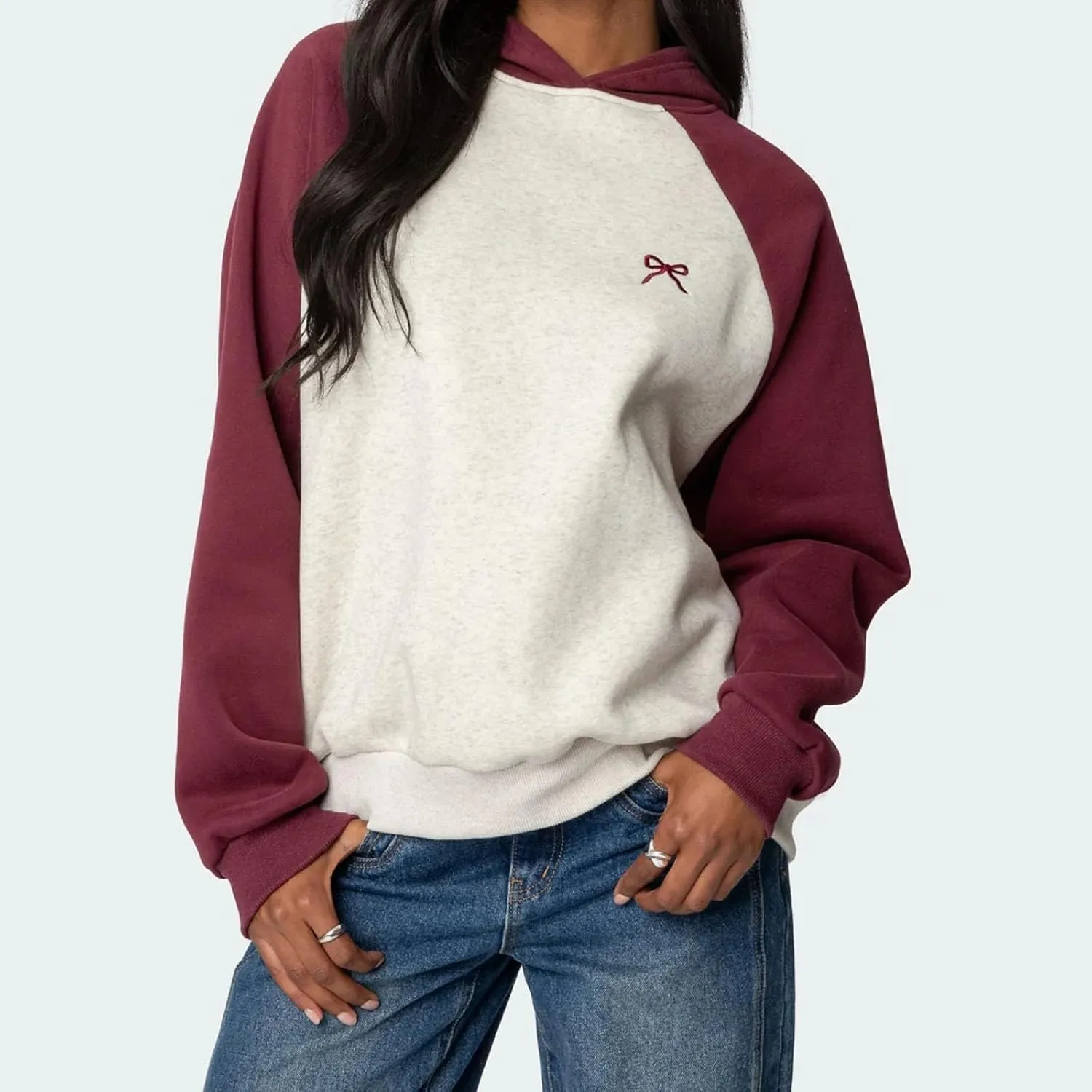 Women's Bow Print Hoodies Oversized Long Sleeve Drop Shoulder Casual Pullover Top Y2k Hooded Sweatshirts Streetwear