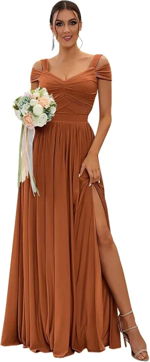 Women's Bridesmaid Dresses for Wedding Chiffon Off Shoulder A-line Formal Evening Gowns with Slit