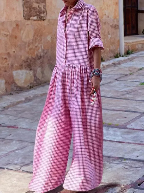 Women's Casual Loose Plaid Jumpsuits Long Sleeve Button Up Collared Pleated Wide Leg Long Pant Overalls Rompers
