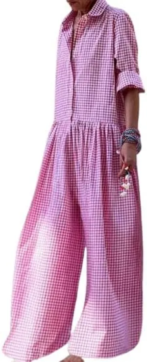 Women's Casual Loose Plaid Jumpsuits Long Sleeve Button Up Collared Pleated Wide Leg Long Pant Overalls Rompers