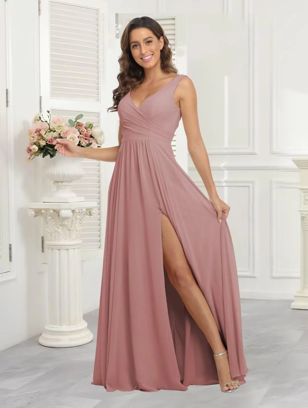 Women's Chiffon v Neck Bridesmaid Dresses for Women Long Ruched A Line Pleated Formal Evening Dress with Slit