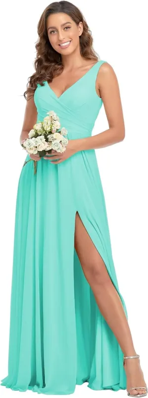 Women's Chiffon v Neck Bridesmaid Dresses for Women Long Ruched A Line Pleated Formal Evening Dress with Slit