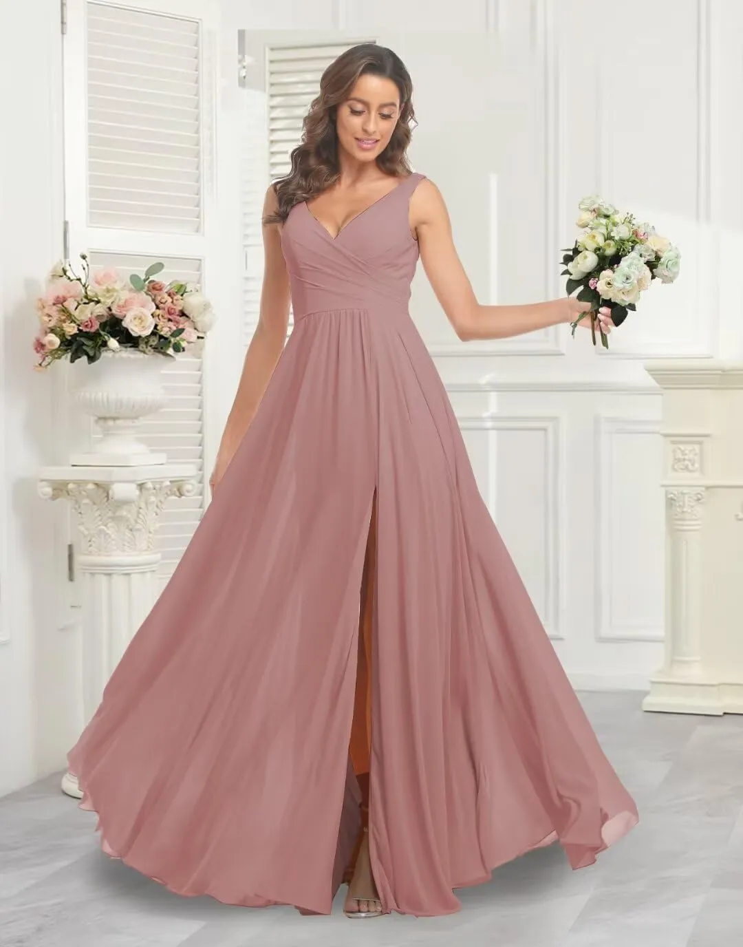 Women's Chiffon v Neck Bridesmaid Dresses for Women Long Ruched A Line Pleated Formal Evening Dress with Slit